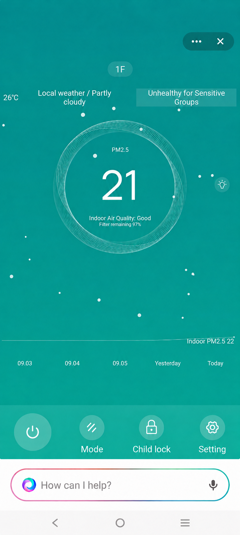 SmartLife app screen showing the PM2.5 reading and purifier controls